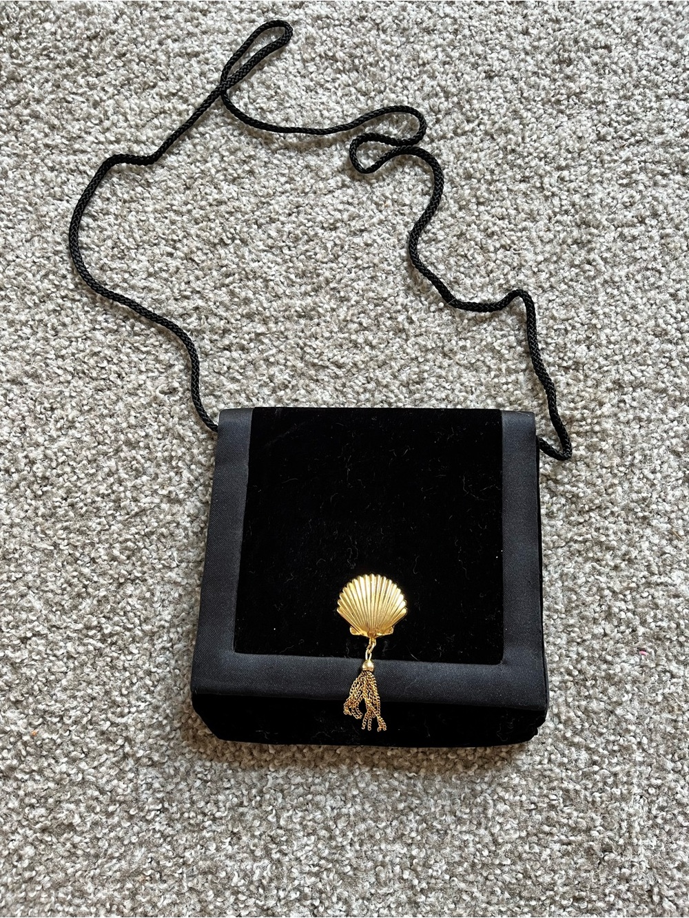 Black Velvet Crossbody Bag with Gold Shell Accent